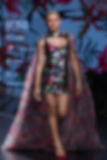 Multi Colored Embellished Cocktail Dress With Printed Cape by Mahima Mahajan at Pernia's Pop Up Shop