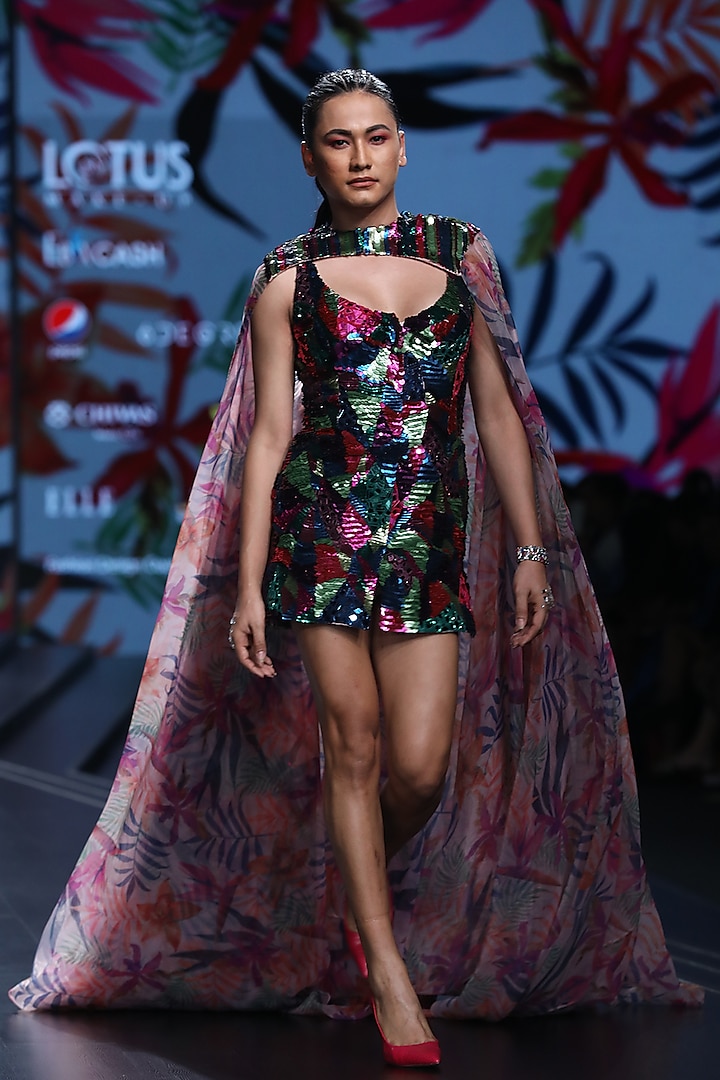 Multi Colored Embellished Cocktail Dress With Printed Cape by Mahima Mahajan at Pernia's Pop Up Shop