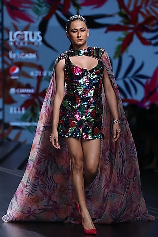 Multi Colored Embellished Dress With Printed Cape by Mahima Mahajan