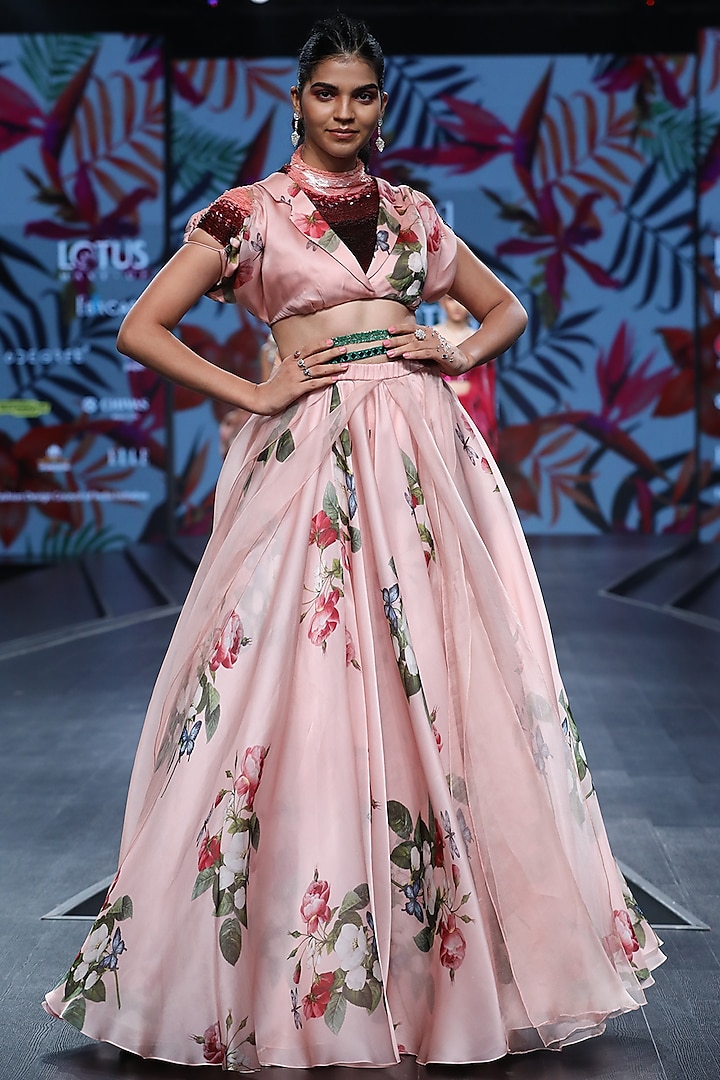 Blush Pink Embellished Blouse With Lehenga by Mahima Mahajan