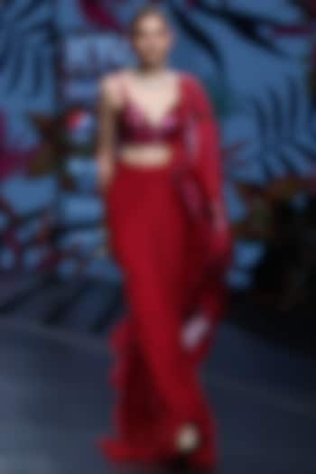 Hot Pink Moss Crepe Wedding Saree Set by Mahima Mahajan at Pernia's Pop Up Shop