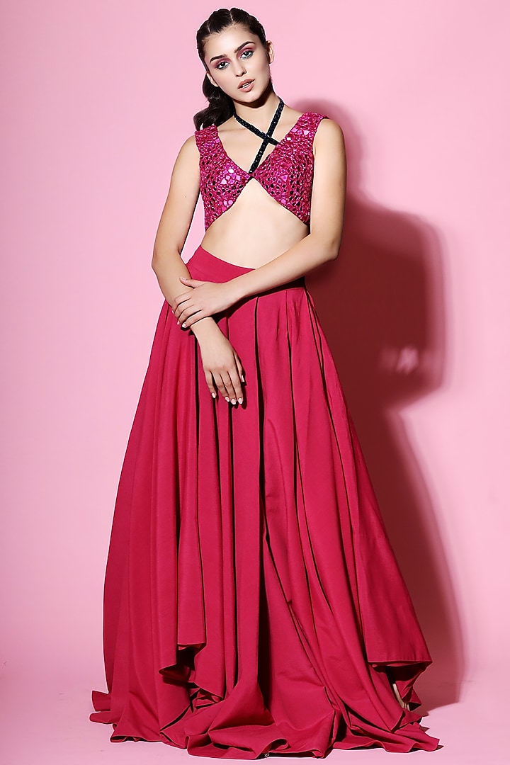 Hot Pink Embellished Blouse With Lehenga by Mahima Mahajan
