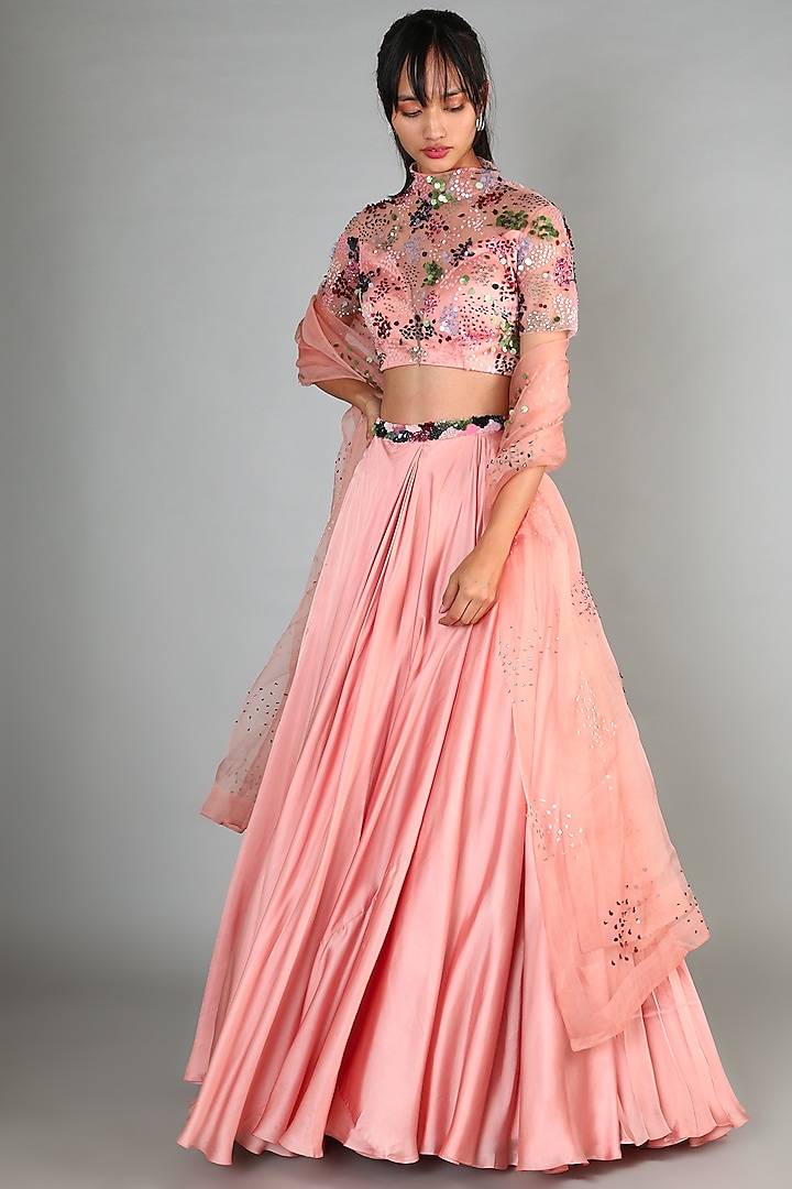 Blush Pink Printed Modal Satin Lehenga Set by Mahima Mahajan