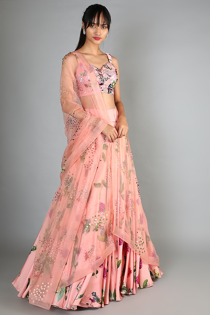 Blush Pink Printed & Embroidered Lehenga Set by Mahima Mahajan