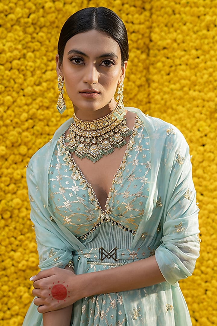 Aquamarine Green Hand Embroidered Wedding Anarkali Set by Mahima Mahajan at Pernia's Pop Up Shop