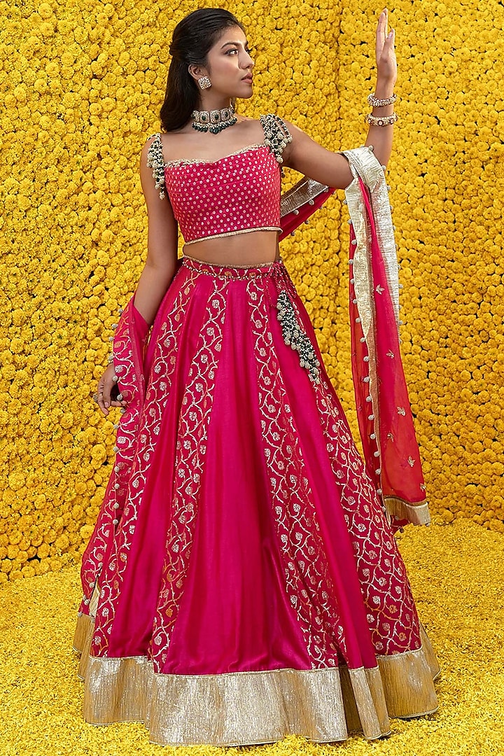 Hot Pink Lehenga Set With Embroidery by Mahima Mahajan