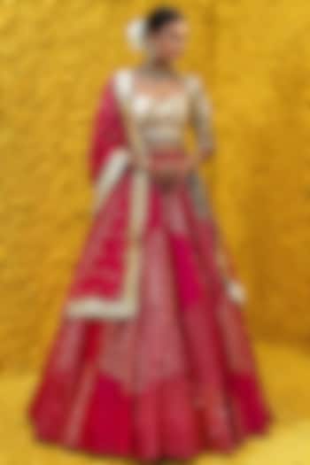 Hot Pink Embroidered Banarasi Chanderi Lehenga Set by Mahima Mahajan