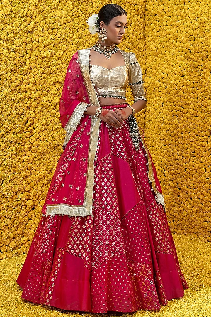 Hot Pink Embroidered Banarasi Chanderi Lehenga Set by Mahima Mahajan