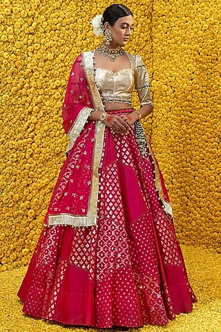 Hot Pink Embroidered Banarasi Chanderi Lehenga Set by Mahima Mahajan