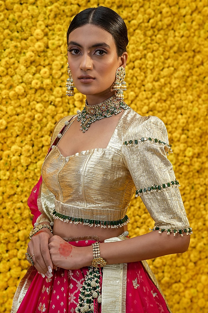 Hot Pink Embroidered Banarasi Chanderi Wedding Lehenga Set by Mahima Mahajan at Pernia's Pop Up Shop