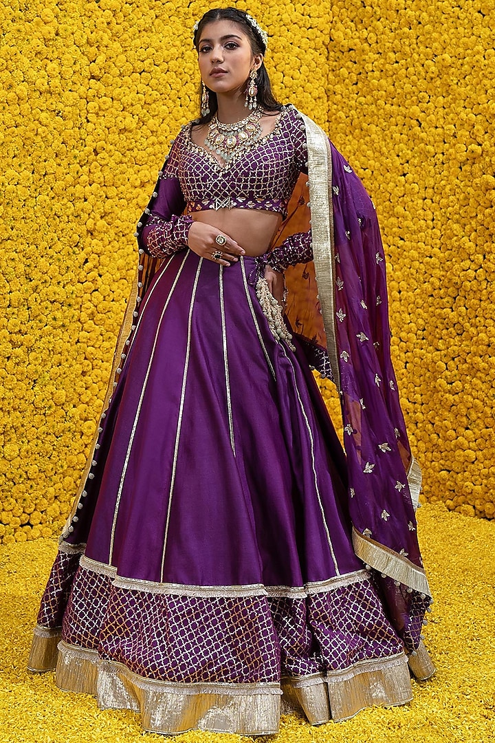 Purple Banarasi Chanderi Lehenga Set by Mahima Mahajan