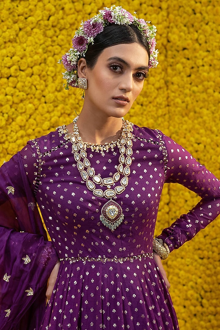 Purple Embroidered Wedding Anarkali Set by Mahima Mahajan at Pernia's Pop Up Shop