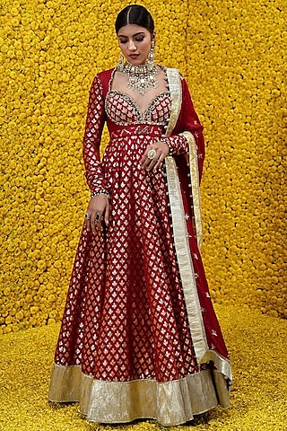 Burnt Red Embroidered Anarkali Set by Mahima Mahajan