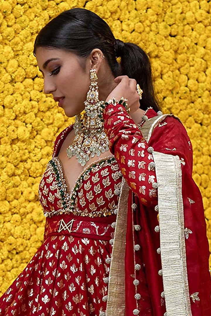 Burnt Red Embroidered Wedding Anarkali Set by Mahima Mahajan at Pernia's Pop Up Shop
