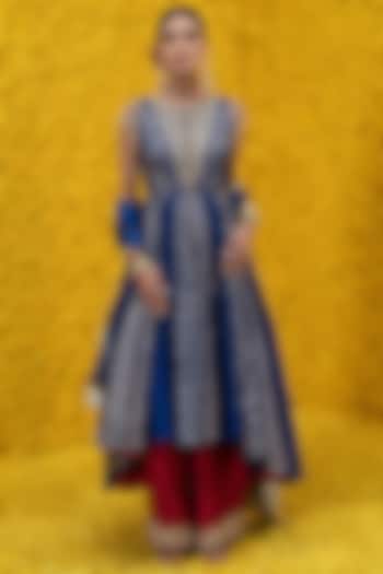 Cobalt Blue Banarasi Chanderi Wedding Anarkali Set by Mahima Mahajan at Pernia's Pop Up Shop