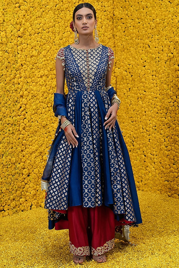 Cobalt Blue Banarasi Chanderi Wedding Anarkali Set by Mahima Mahajan at Pernia's Pop Up Shop