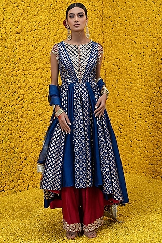Cobalt Blue Banarasi Chanderi Anarkali Set by Mahima Mahajan