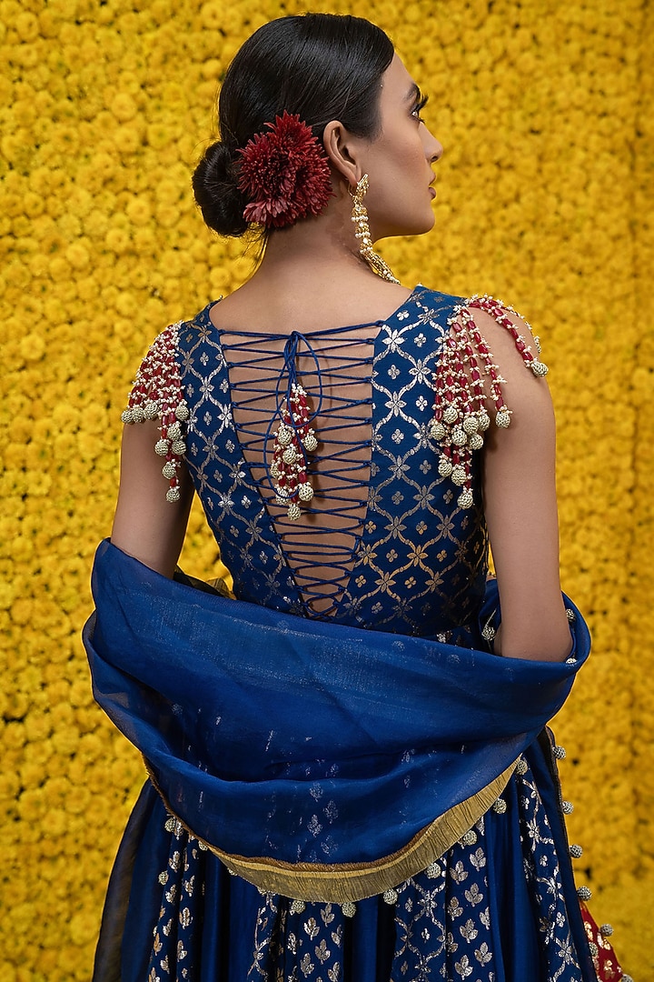 Cobalt Blue Banarasi Chanderi Wedding Anarkali Set by Mahima Mahajan at Pernia's Pop Up Shop