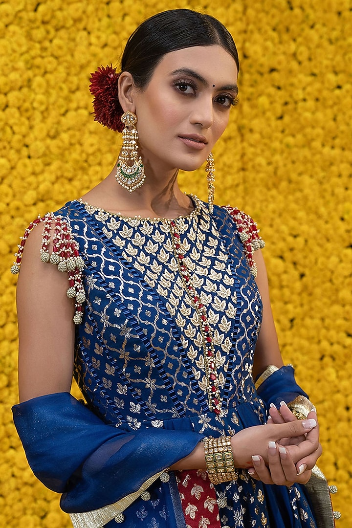 Cobalt Blue Banarasi Chanderi Wedding Anarkali Set by Mahima Mahajan at Pernia's Pop Up Shop