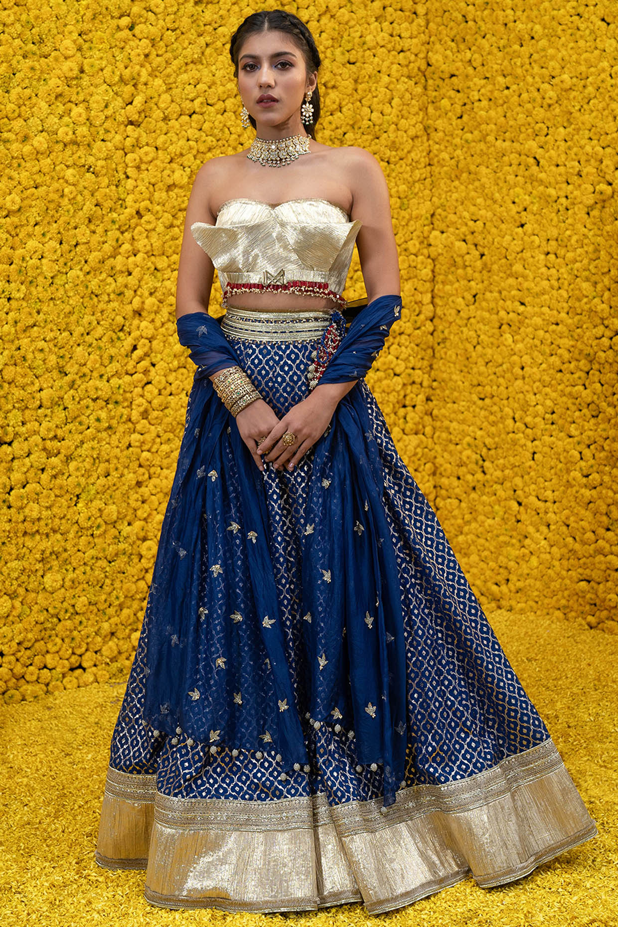 Cobalt Blue Banarasi Chanderi Wedding Lehenga Set by Mahima Mahajan at Pernia's Pop Up Shop