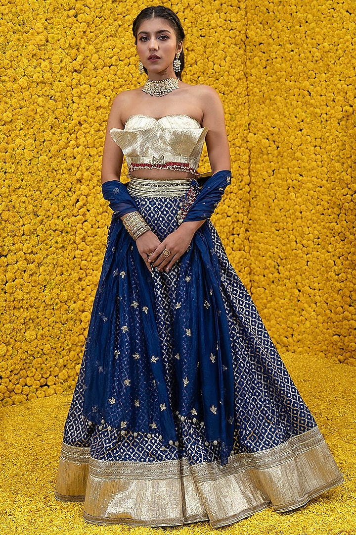 Cobalt Blue Banarasi Chanderi Wedding Lehenga Set by Mahima Mahajan at Pernia's Pop Up Shop