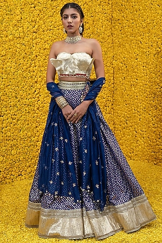 Cobalt Blue Banarasi Chanderi Lehenga Set by Mahima Mahajan
