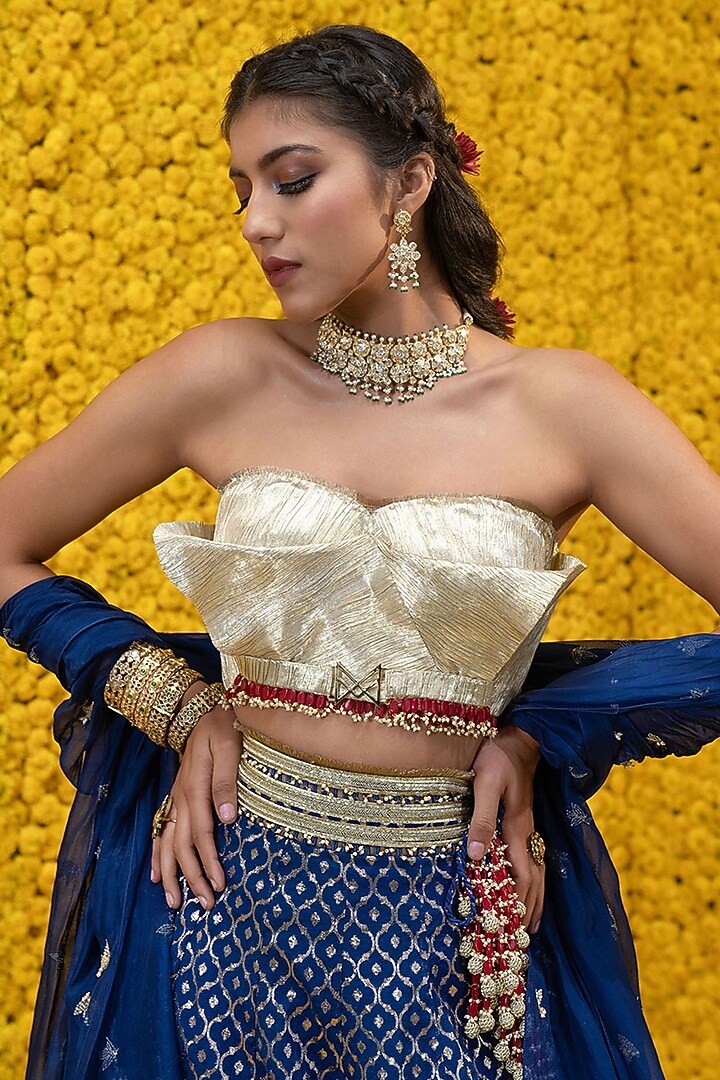Cobalt Blue Banarasi Chanderi Wedding Lehenga Set by Mahima Mahajan at Pernia's Pop Up Shop