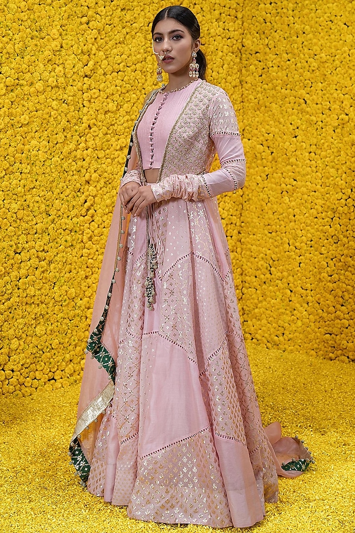 Baby Pink Embroidered Jacket Lehenga Set by Mahima Mahajan