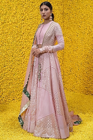 Blush Pink Banarasi Chanderi Jacket Lehenga Set by Mahima Mahajan