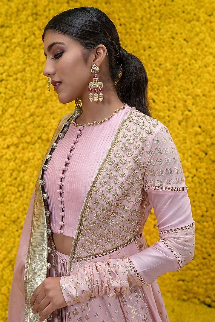 Blush Pink Banarasi Chanderi Jacket Wedding Lehenga Set by Mahima Mahajan at Pernia's Pop Up Shop