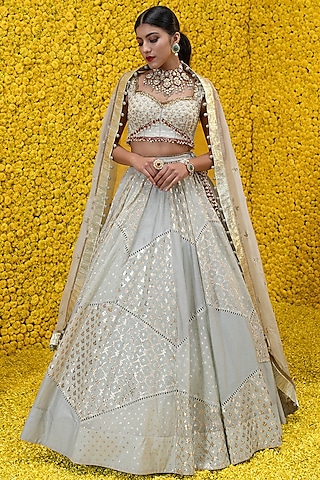 Mint Banarasi Chanderi Lehenga Set by Mahima Mahajan