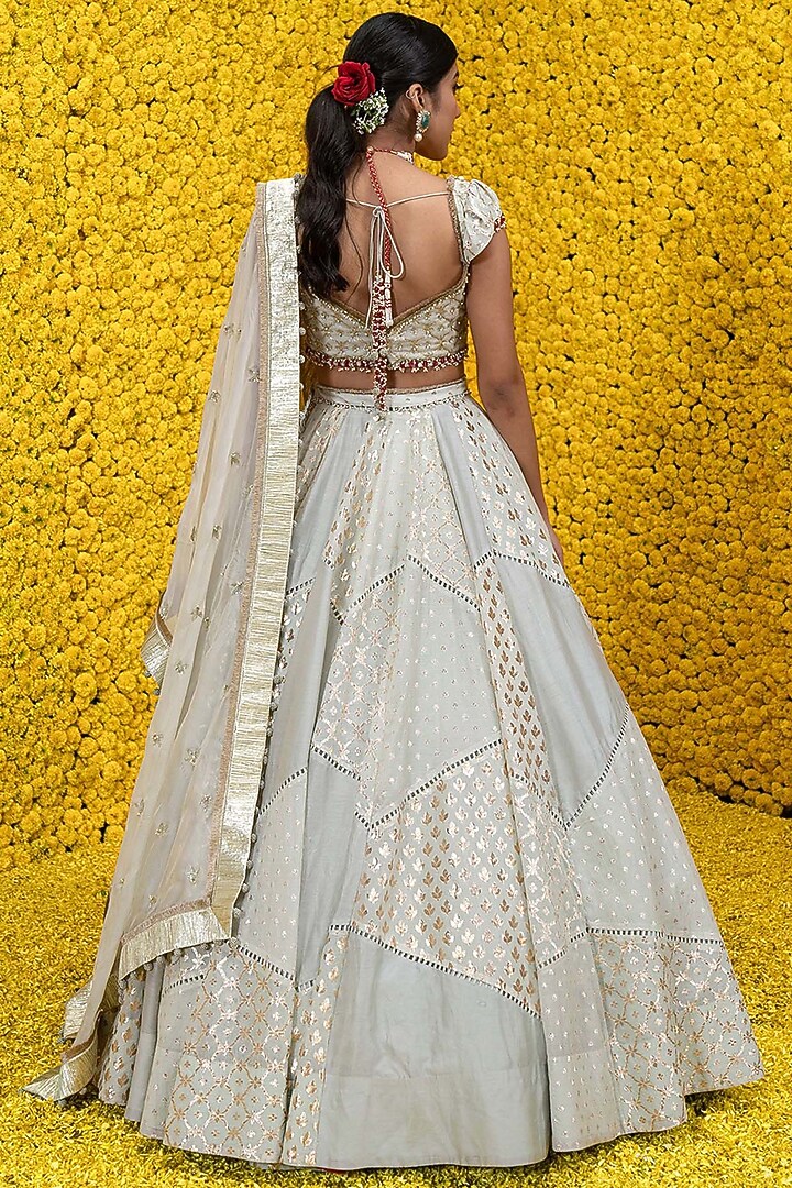 Mint Banarasi Chanderi Wedding Lehenga Set by Mahima Mahajan at Pernia's Pop Up Shop