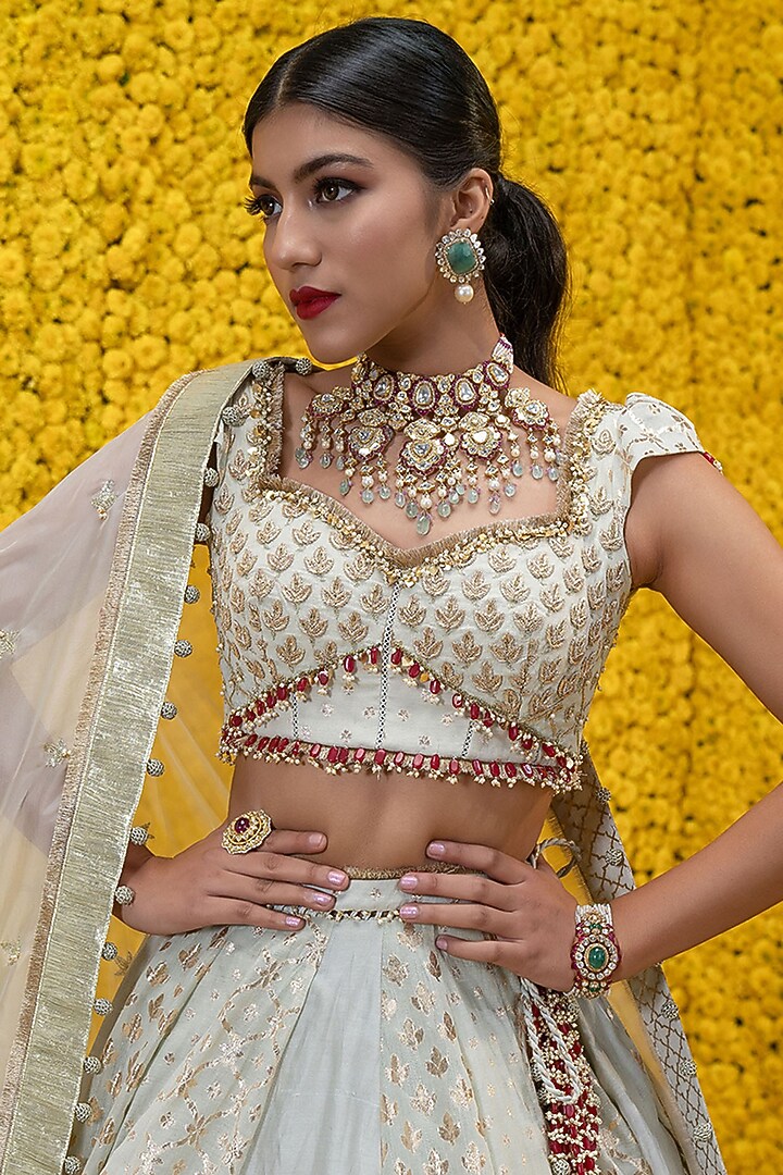 Mint Banarasi Chanderi Wedding Lehenga Set by Mahima Mahajan at Pernia's Pop Up Shop