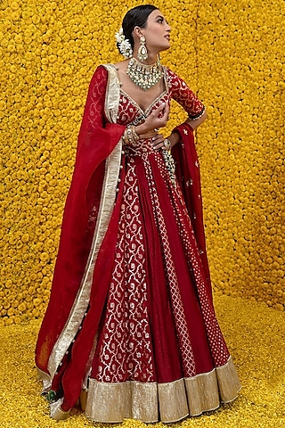 Crimson Red Embroidered Lehenga Set by Mahima Mahajan