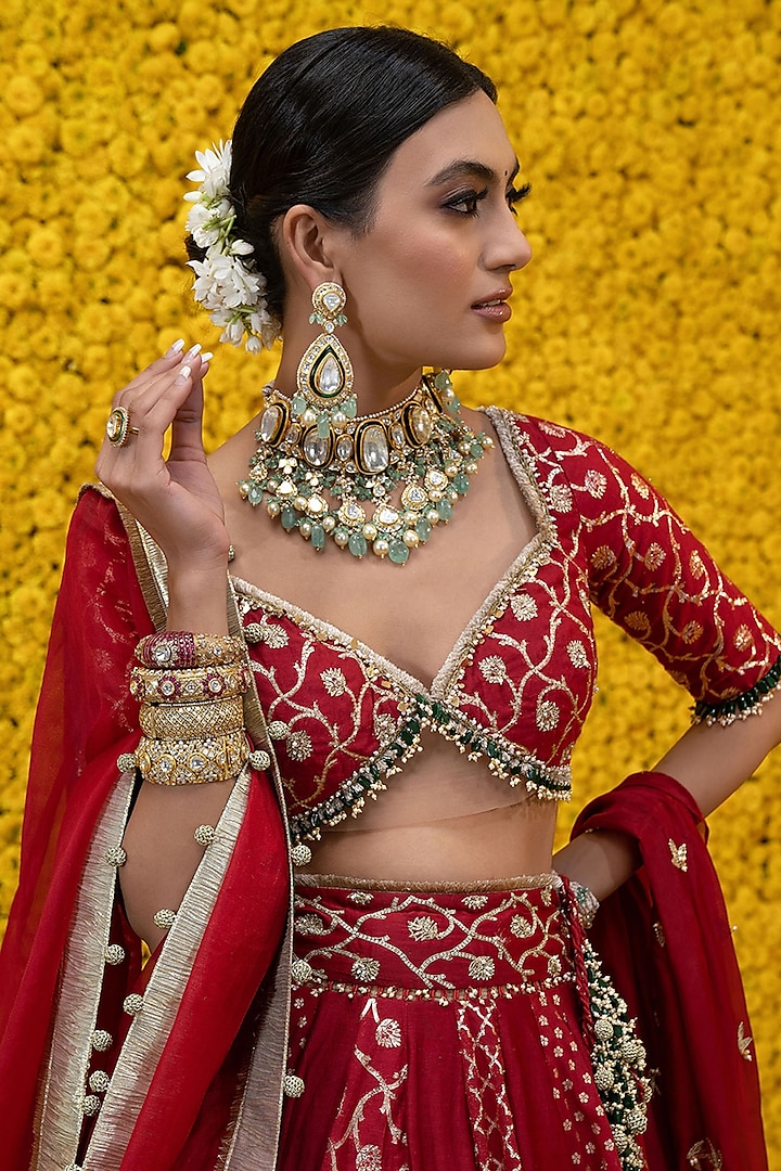 Crimson Red Embroidered Wedding Lehenga Set by Mahima Mahajan at Pernia's Pop Up Shop