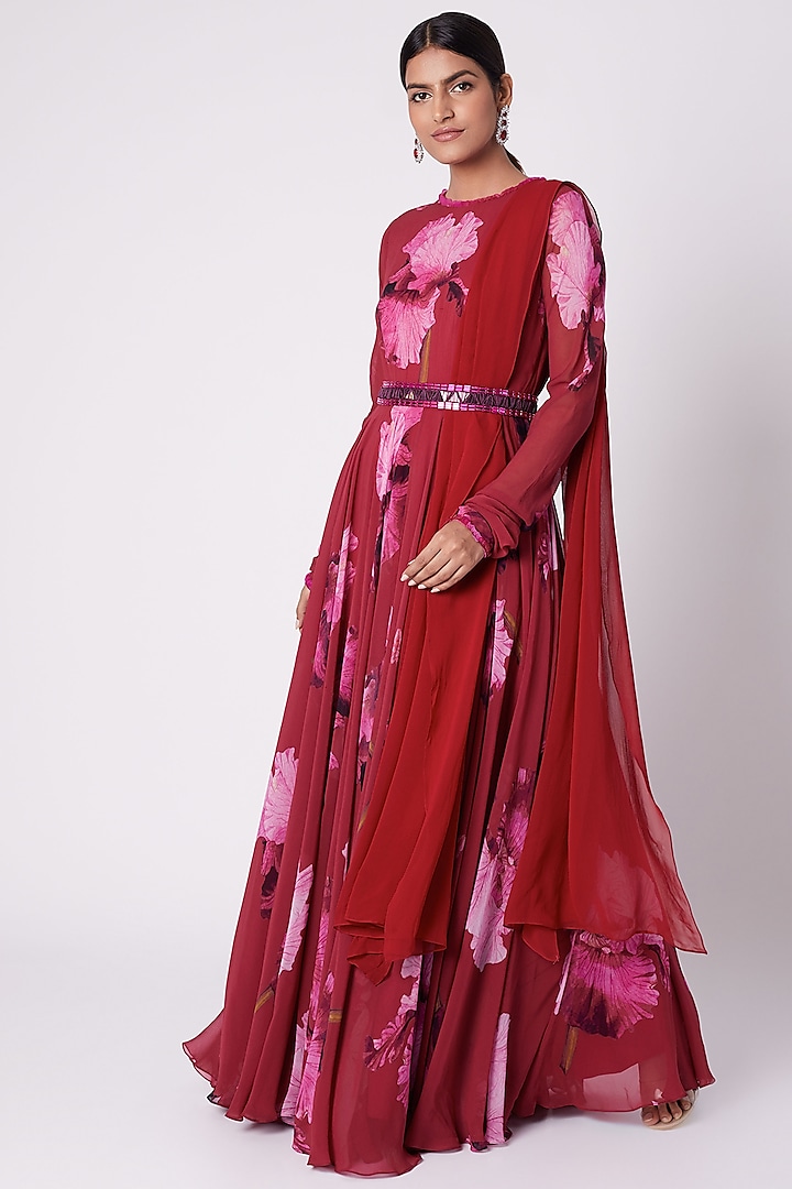Hot Pink Printed Anarkali With Embellished Dupatta & Belt by Mahima Mahajan