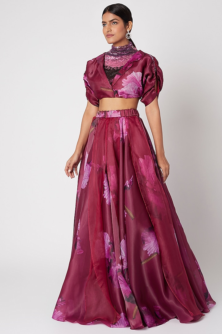 Hot Pink Printed Lehenga With Embellished Blouse by Mahima Mahajan