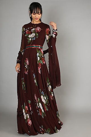 Brown Printed & Embroidered Anarkali Set by Mahima Mahajan