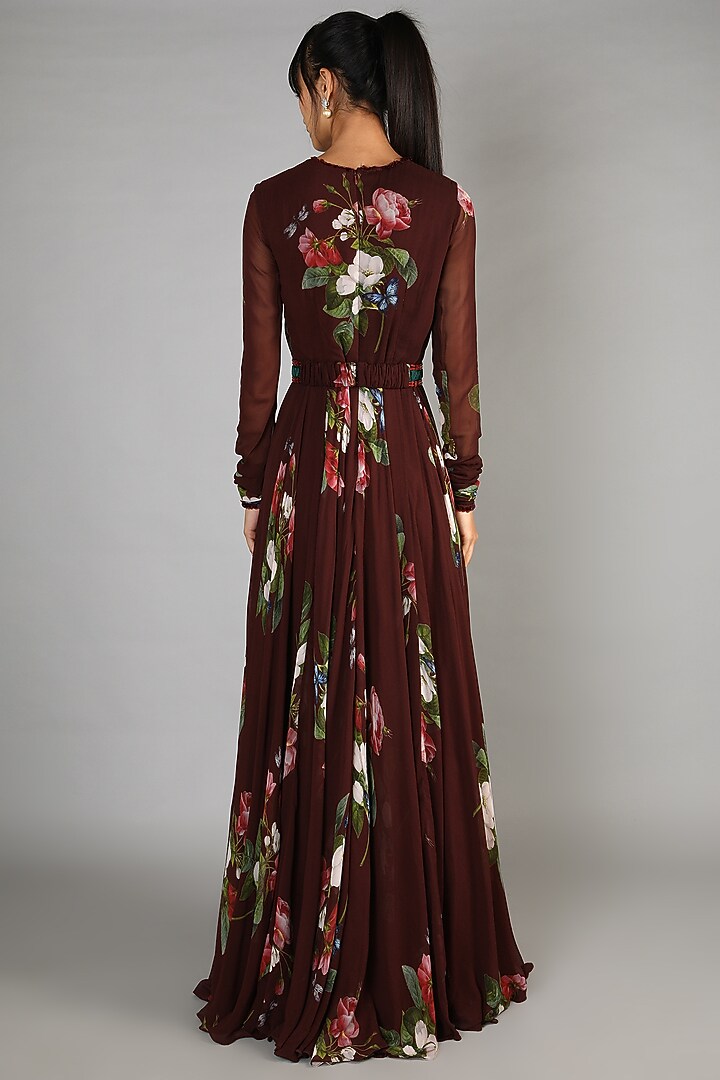 Brown Printed & Embroidered Wedding Anarkali Set by Mahima Mahajan at Pernia's Pop Up Shop