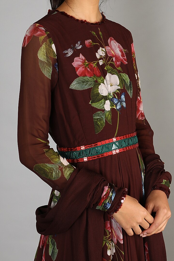 Brown Printed & Embroidered Wedding Anarkali Set by Mahima Mahajan at Pernia's Pop Up Shop
