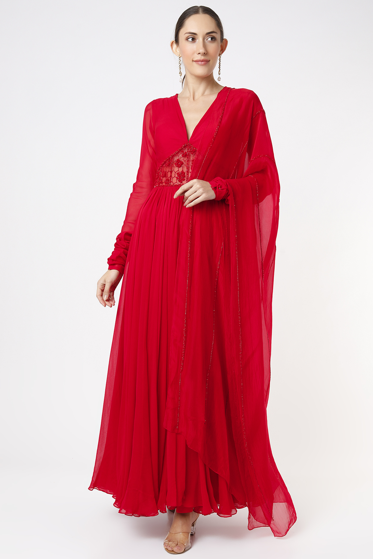 Red Embroidered Wedding Anarkali Set by Mahima Mahajan at Pernia's Pop Up Shop