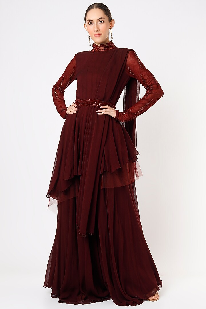 Wine Georgette Palazzo Pant Set by Mahima Mahajan at Pernia's Pop Up Shop