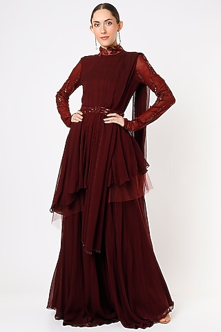 Wine Georgette Palazzo Pant Set by Mahima Mahajan