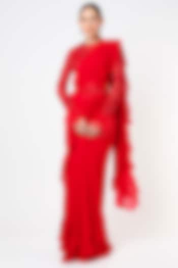 Red Ruffled Wedding Saree Set by Mahima Mahajan at Pernia's Pop Up Shop