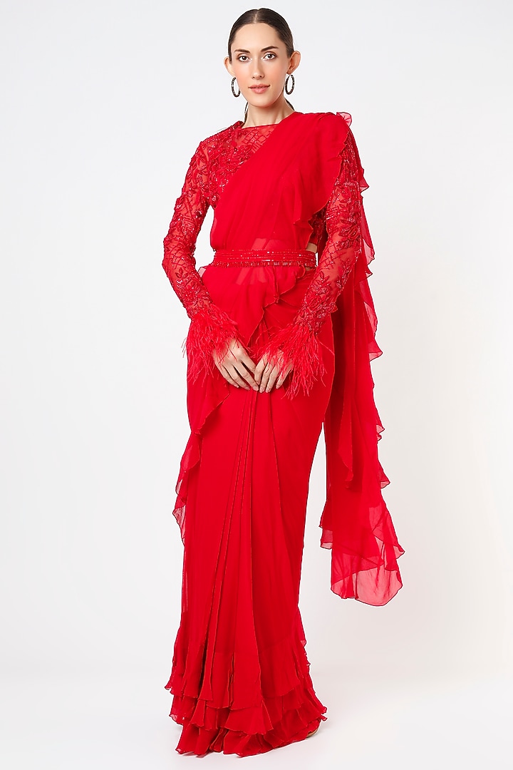 Red Ruffled Wedding Saree Set by Mahima Mahajan at Pernia's Pop Up Shop