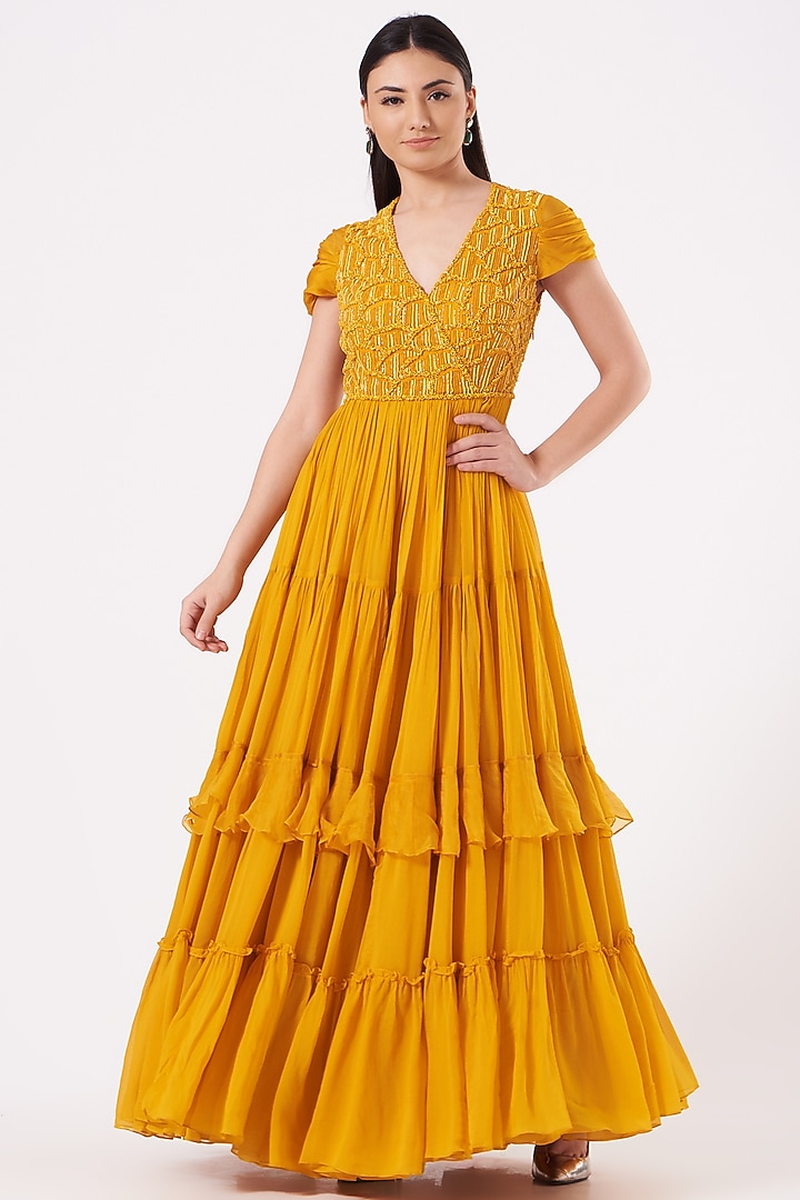 Yellow Embroidered Wedding Anarkali by Mahima Mahajan at Pernia's Pop Up Shop