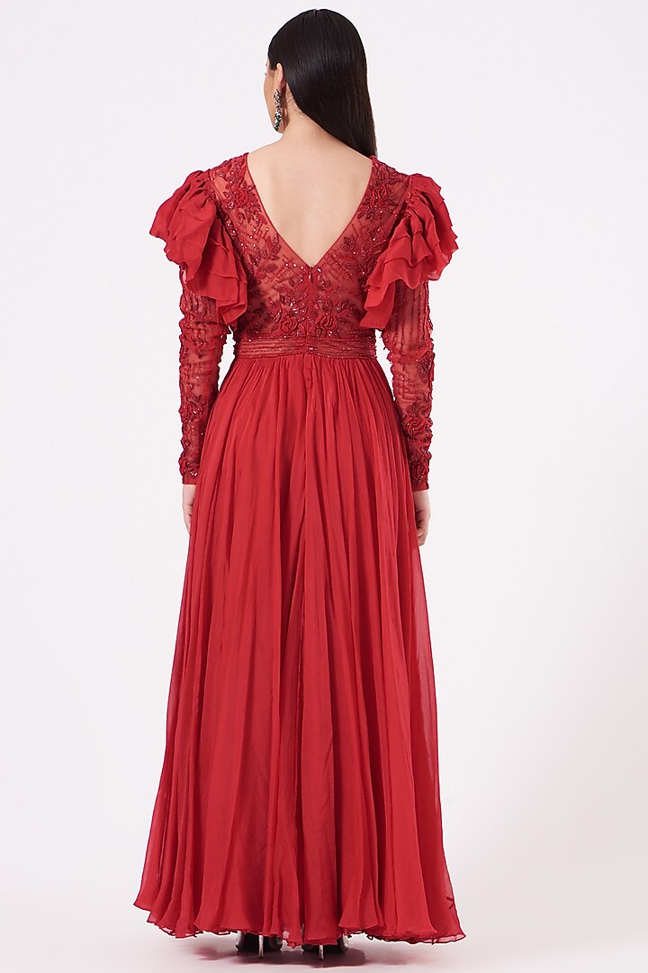 Red Embroidered Engagement Gown by Mahima Mahajan at Pernia's Pop Up Shop