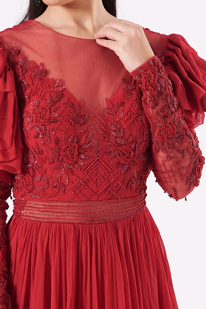 Red Embroidered Engagement Gown by Mahima Mahajan at Pernia's Pop Up Shop
