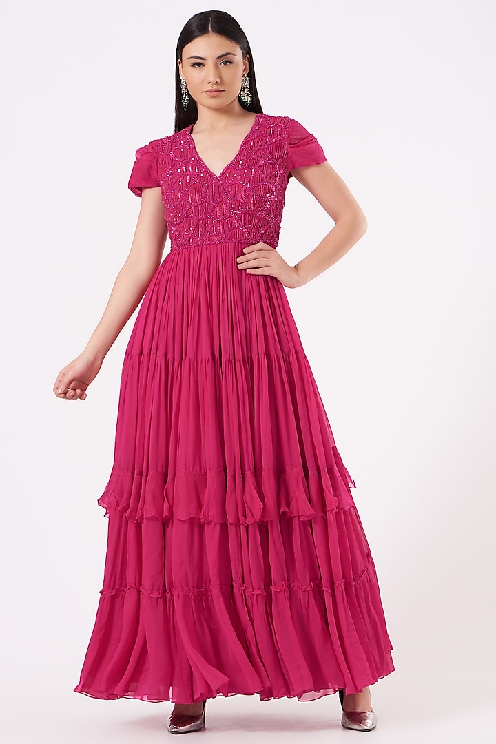 Red Georgette Embroidered Wedding Anarkali by Mahima Mahajan at Pernia's Pop Up Shop