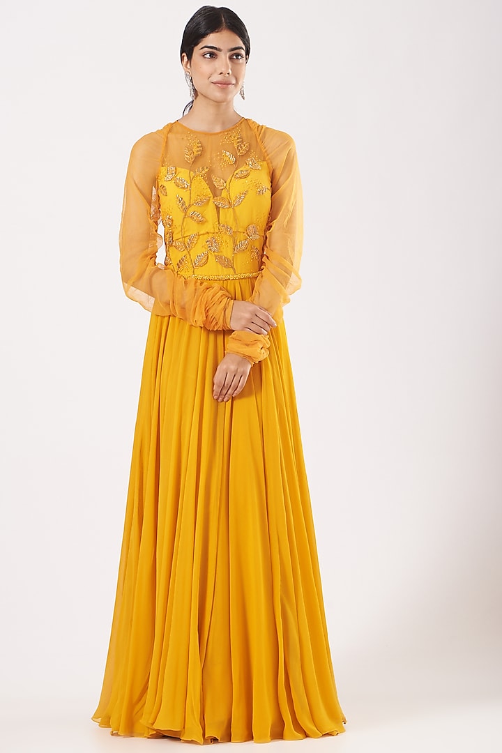 Mustard Embroidered Wedding Anarkali by Mahima Mahajan at Pernia's Pop Up Shop